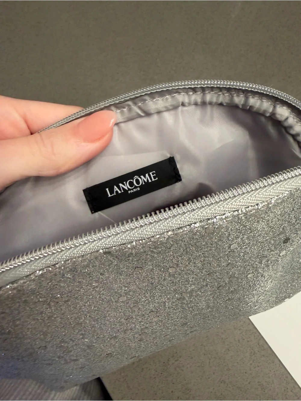 Lancome Silver Glitter Cosmetic Bag Makeup Pouch Travel Toiletry Case 8x5.5